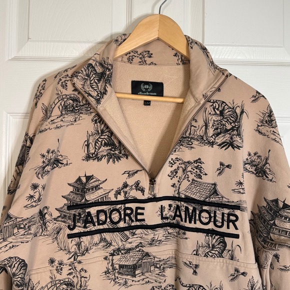 Ellandemm J'Adore L'Amour Tiger Toile Quarter Zip Sweatshirt Tan Black SM - Picture 4 of 11